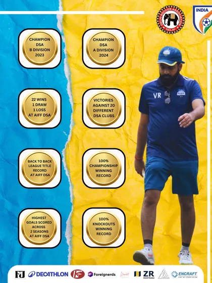 A graphic showcasing the astonishing record of our head coach, with back-to-back league titles and a 93% winning record at DSA. The numbers speak for themselves.