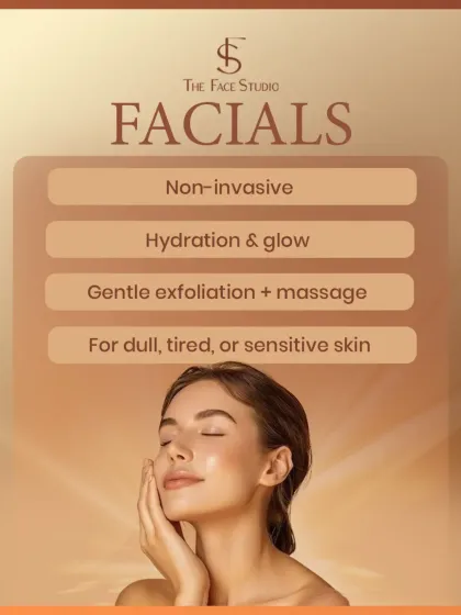 This graphic outlines the characteristics of facials. They are non-invasive, focused on hydration and glow, and involve gentle exfoliation and massage. They are ideal for dull, tired, or sensitive skin.