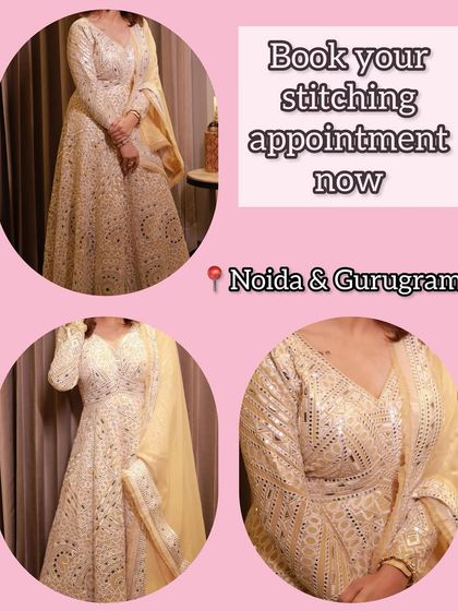 A client looking stunning in her custom-stitched off-white Anarkali with mirror work. Book your own stitching appointment for service in Noida and Gurugram.