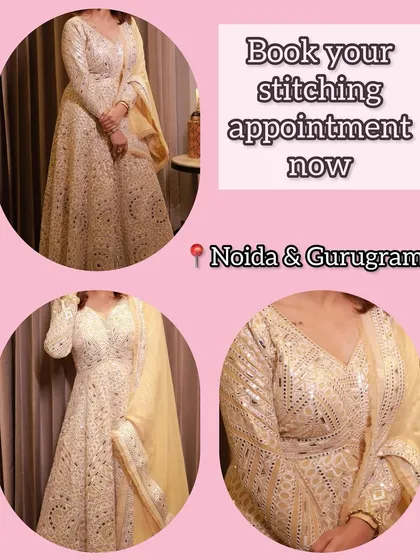 A client looking elegant in a custom-stitched white Anarkali with mirror work. Book your appointment for your own personalized ethnic dress.