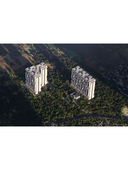 An aerial render of the 'Poetry of Earth' housing development, showing how two residential towers are situated within a vast, curated forest. The project prioritizes landscape and nature, with a significant portion of the site dedicated to preserved and newly planted greenery.