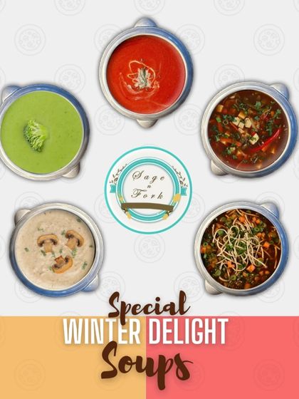 Our special Winter Delight Soups. This collage shows our full range, including Tomato Basil, Broccoli Almond, Cream of Mushroom, Hot & Sour, and Manchow soup.