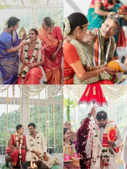 A collage showcasing various rituals from a South Indian wedding, from blessings by elders to the sacred fire ceremony.