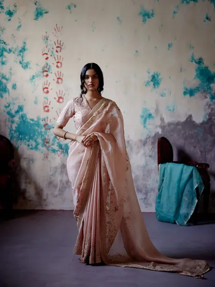 A soft pink saree with delicate gold embroidery along the border. The sheer fabric and subtle detailing make it a graceful and elegant choice for a daytime event.