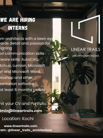 Linear Trails Architecture Studio in Kochi is hiring intern architects for a 6-month period, looking for candidates with a keen eye for detail.