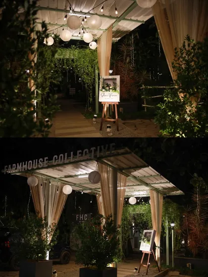 A collection of stunning wedding setups at The Farmhouse Collective. You can see the venue's versatility, from elegant morning ceremonies with floral mandaps to glamorous evening receptions with fairy lights and chic decor. This space is a blank canvas for your dream outdoor wedding in Bengaluru.