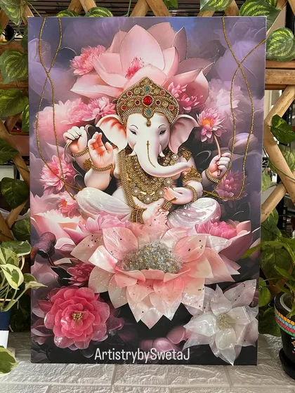 This handcrafted 3D Lotus Ganesha frame is a piece of my heart. I carefully embossed the jewelry and layered hand-sculpted resin flowers to bring Bappa's divine presence to life, creating a blessing that glows with peace and positivity.