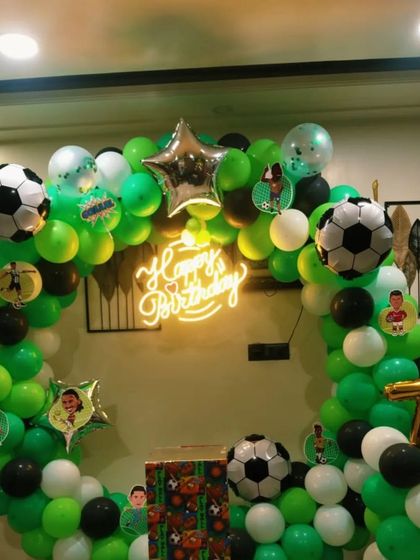 Another view of the football-themed home decor setup.