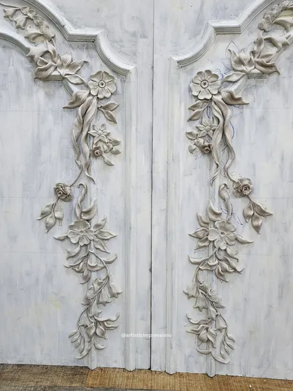Inspired by the timeless elegance of Persian and Mughal motifs, this symmetrical 3D mural was designed for a master bedroom. The sculpted floral garlands are crafted to create a feeling of refined heritage and calm, transforming the wall into a statement of quiet luxury.