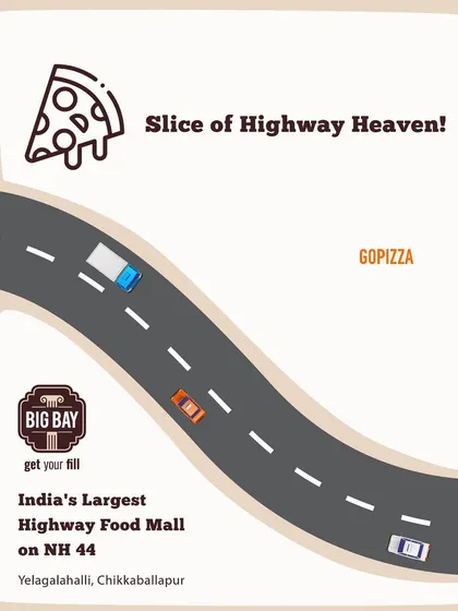 A slice of highway heaven is waiting for you at our GoPizza outlet. This graphic points the way to delicious, personal-sized pizzas on your journey.