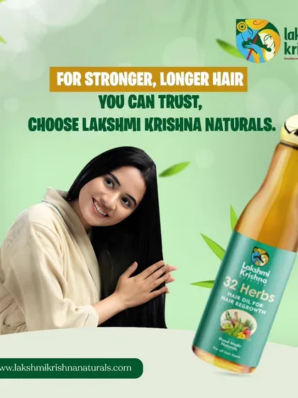 For stronger, longer hair you can trust, choose Lakshmi Krishna Naturals. This image features our 32 Herbs Hair Oil, a handmade, natural formula designed to nourish your hair and promote healthy regrowth.
