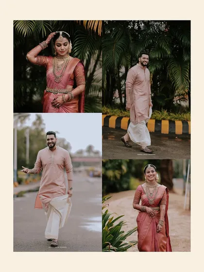 A collage of the bride and groom's individual portraits, showcasing their elegant traditional wedding attire.