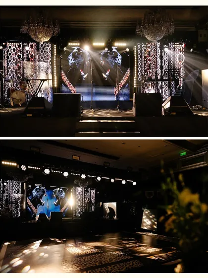 A split view of the stage for a 50th birthday party, showing the dynamic lighting, LED backdrops with panther visuals, and patterned light projections on the dance floor.