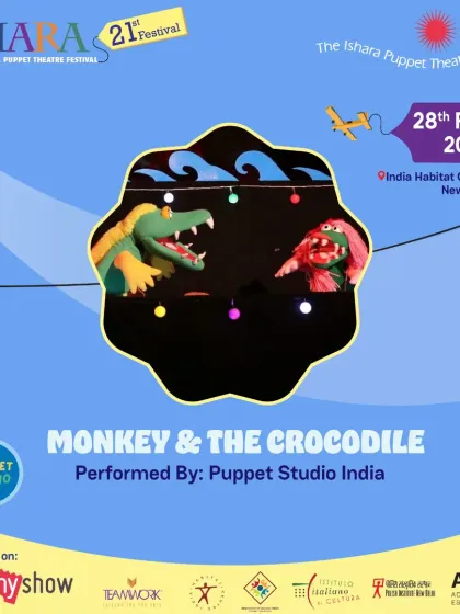 Our poster for the classic Indian folktale, 'Monkey & The Crocodile', performed by Puppet Studio India. The artwork showcases the two main characters from this beloved Panchatantra story.