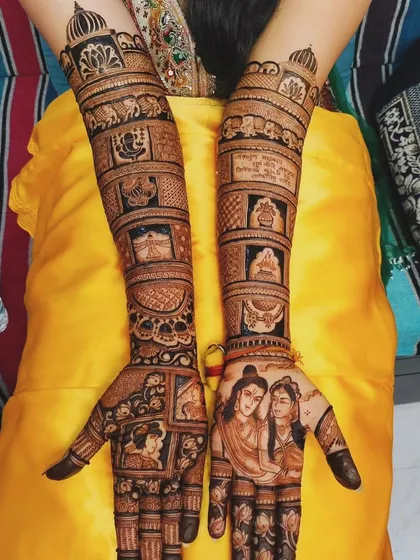 A divine theme featuring Lord Ram and Sita. We can incorporate any spiritual figures or symbols that are important to you, blending them seamlessly into your bridal design.