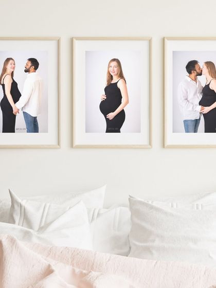 A triptych of framed prints is a beautiful way to tell a story on your wall. This series captures the connection, the beautiful bump, and the love of the expecting couple.