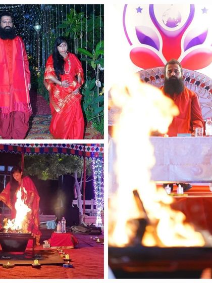 A collage showing us arriving at the event and Maa Aditiji performing the fire ritual. It gives a sense of the entire process of the sacred evening.