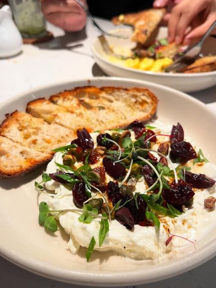 A beautifully plated dish of stracciatella cheese with olives and pistachios. The focus is on the fresh ingredients and creamy texture, making it look like a light yet indulgent appetizer.