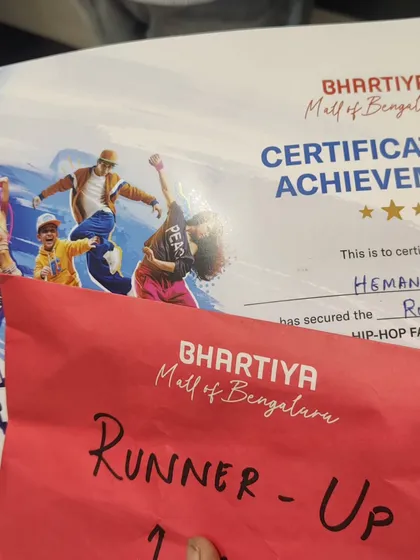 The proof of the hard work. The runner-up certificate from the hip-hop face-off at Bhartiya Mall of Bengaluru.