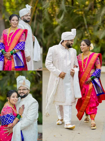 A collage showing the couple's interactions on their wedding day, from a formal pose to a candid walk, capturing their chemistry in traditional Maharashtrian attire.