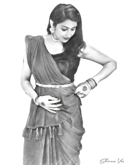 This sketch features a client in a modern ruffled saree. I paid close attention to the unique way the fabric drapes and the details of her henna.