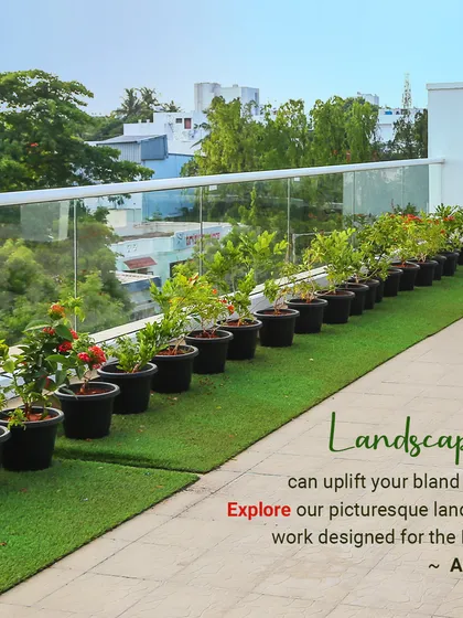 For the Aradhya project, we designed a clean and modern terrace garden. This look was achieved by lining the glass railing with potted flowering plants set on a strip of high-quality artificial turf, creating a low-maintenance yet picturesque landscape.