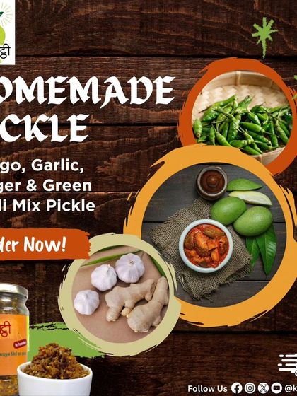 Four pickles in one jar. My Mango, Garlic, Ginger, and Green Chilli Mix pickle is a unique creation that gives you a burst of different flavours in every bite.