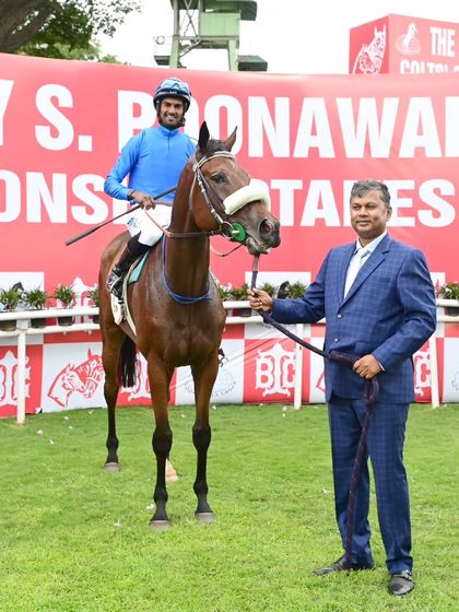 Golden Thunder, with jockey Antony Raj.S, after winning The Civil Service Cup.