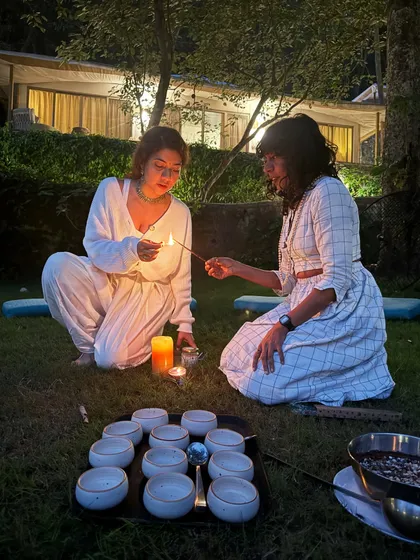 A full moon ritual during a retreat. We gather to light candles, share intentions, and connect with the abundant, emotional, and wondrous energy of the moon cycle.