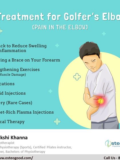 This infographic outlines various treatment options for Golfer's Elbow, ranging from conservative therapies like ice packs and strengthening exercises to physical therapy, which is a core part of my approach.
