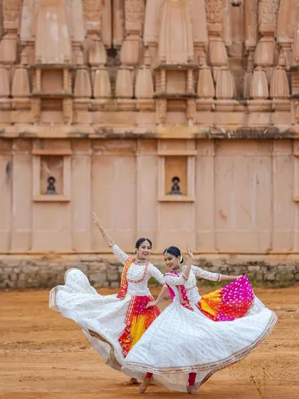 Dance is pure joy, especially when I share the stage with my sister, Spurthi. This shot captures the energy of our Kathak duets, where we blend intricate footwork and expressive storytelling against the beautiful backdrop of our cultural heritage.
