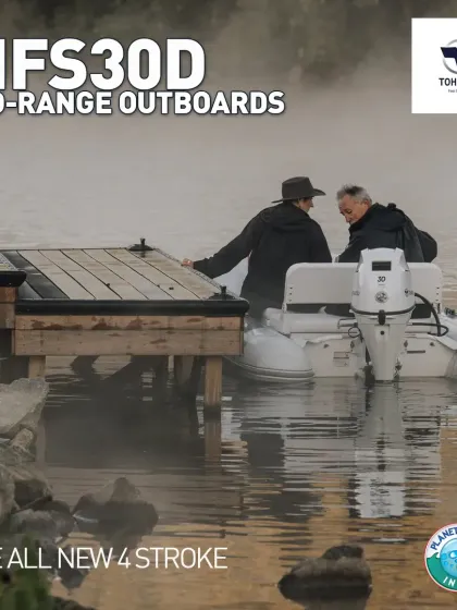 A Tohatsu MFS30D outboard powers a rigid inflatable boat in calm, misty waters. The engine's ultra-low noise and vibration levels are ideal for operations requiring stealth or for long shifts where operator comfort is a priority.