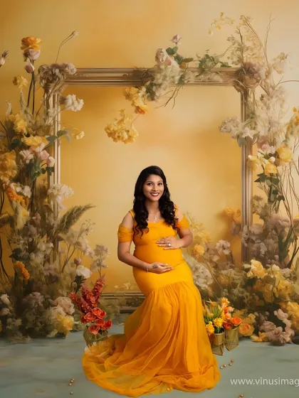 Seated gracefully in a frame of beautiful yellow and rustic flowers, this mother-to-be radiates warmth and happiness. The entire scene is a celebration of life and color.