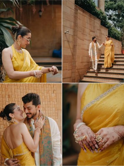 A collage of moments from a Haldi day, including intimate couple portraits, details of the bride's floral jewelry, and stylish poses.