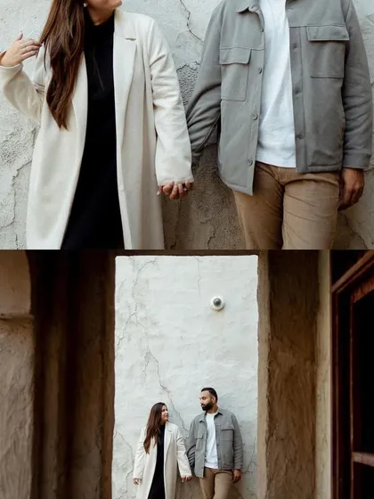A two-part image showing the couple holding hands in Dubai. The focus on their connection, combined with the interesting architectural details, makes for a compelling visual.