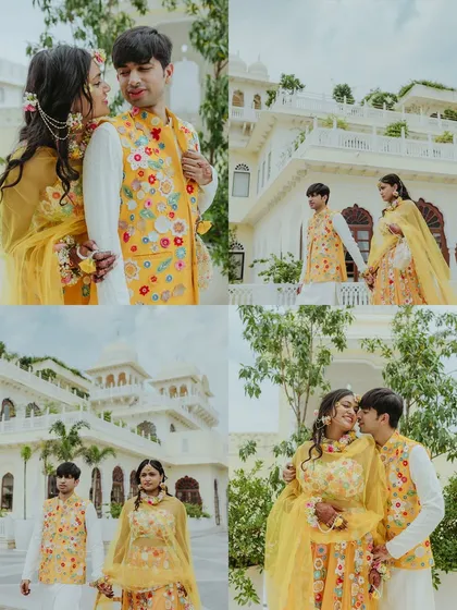 A collage of romantic and playful moments between the couple during their Haldi shoot at a palace in Jaipur.