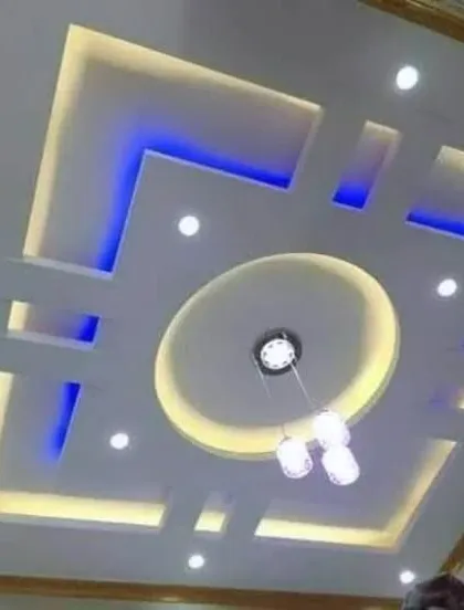 A geometric design that uses two different colors of light, yellow and blue, to highlight different sections. This creates a visually interesting, layered effect.