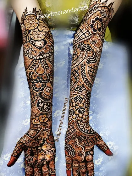 This is the level of full bridal mehandi you can learn to create. I teach you how to compose and execute these highly intricate, full-arm designs, layering traditional patterns with bold, clean lines to achieve a stunning result for your clients.