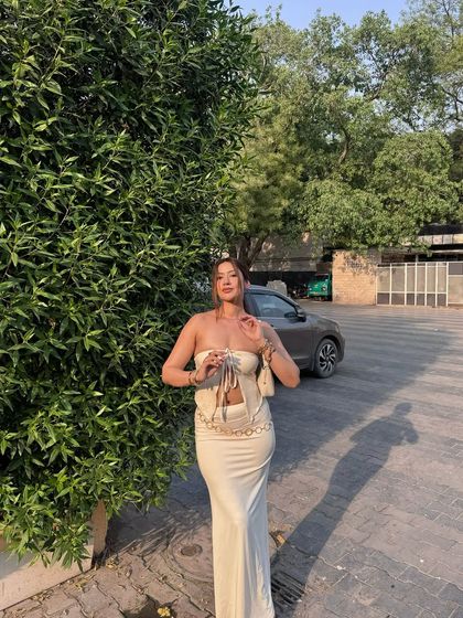 Posing in the sunshine with the elegant cream co-ord set.