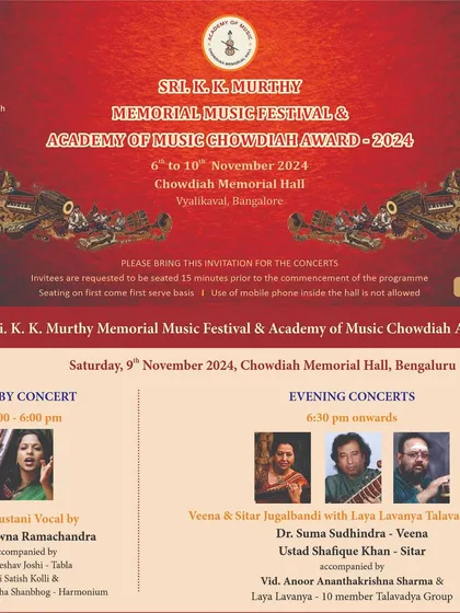 Do come for this exciting Veena and Sitar Jugalbandi at Chowdaiah Memorial Hall. It will be a unique musical experience with 10 talented percussionists.