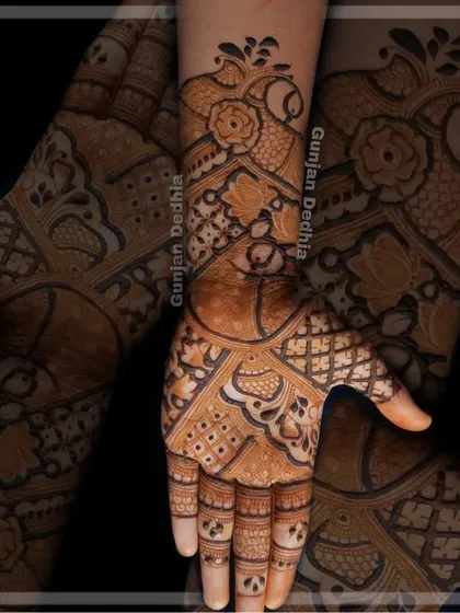 A demonstration piece for my students, showcasing a mix of Indian mehendi techniques including peacock motifs, floral patterns, and detailed fillers.