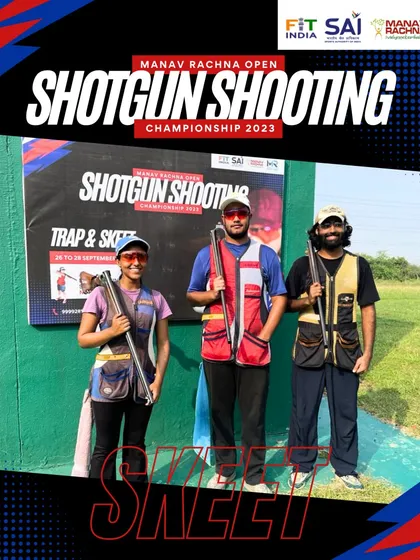 The three finalists of the Skeet event pose at the Dr. Karni Singh Shooting Ranges after a challenging and exciting competition.