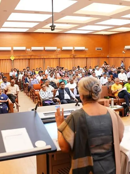 Addressing a full auditorium at the 8th DAE National Yoga Conference. My goal in these keynotes is not just to speak, but to connect and share practical wisdom on leading a healthy, disease-free life that anyone can apply.