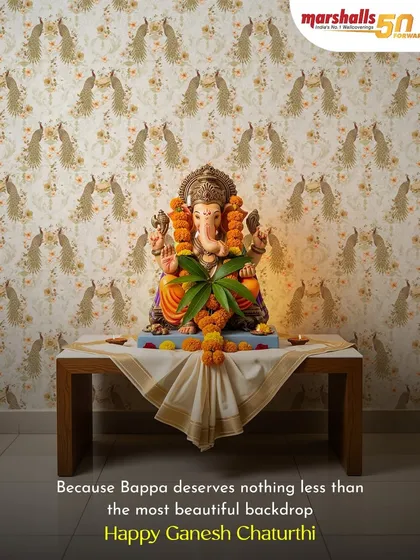 For special occasions, your home deserves a special backdrop. Here, our elegant peacock-motif wallcovering creates a divine setting for Ganesh Chaturthi celebrations, because Bappa deserves nothing less than the most beautiful welcome.
