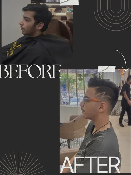 A great haircut is a statement. This before and after shows how I can take a standard cut and turn it into a unique style with a custom lightning bolt design, blending a sharp fade with creative flair.