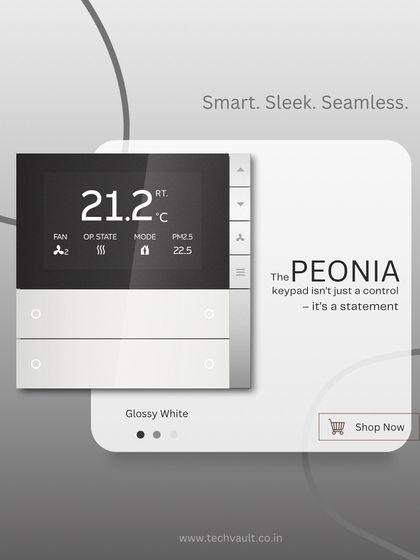 Clean, bright, and modern. The PEONIA keypad in a Glossy White finish complements minimalist and contemporary interiors while providing essential smart home functions like temperature and air pollutant monitoring.