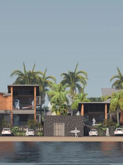 A conceptual elevation of the Hoode beach retreat, showing how the buildings are raised on stilts to capture views of both the sunrise over the river and the sunset over the sea.