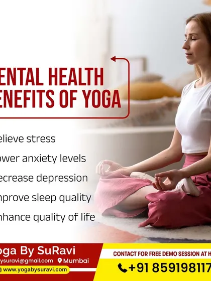 This infographic lists the key mental health benefits of yoga, including stress relief, lower anxiety, and improved sleep quality.