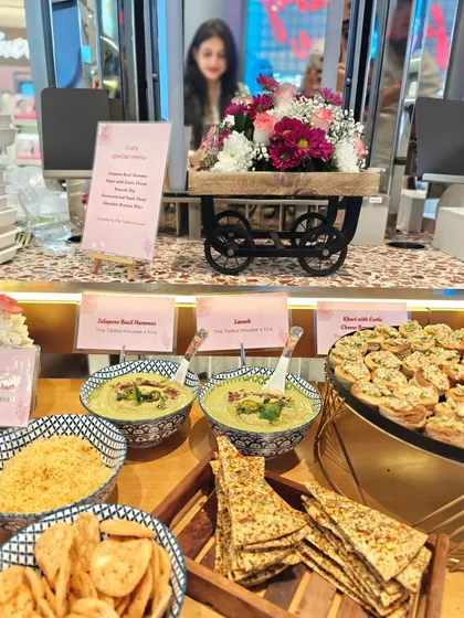 A glimpse of a recent catering event I did for Tira Beauty. This setup features a variety of my popular appetizers, including Jalapeno Hummus and Khari with Exotic Cheese Broccoli Dip, all beautifully presented to match the event's vibe.