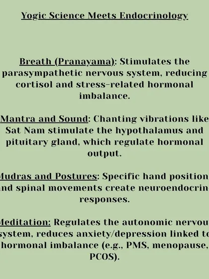 "From Stress to Serenity." This workshop flyer explains how Kundalini Yoga harmonizes cortisol levels by regulating the nervous and glandular systems, combining breath, mantra, mudras, and meditation.